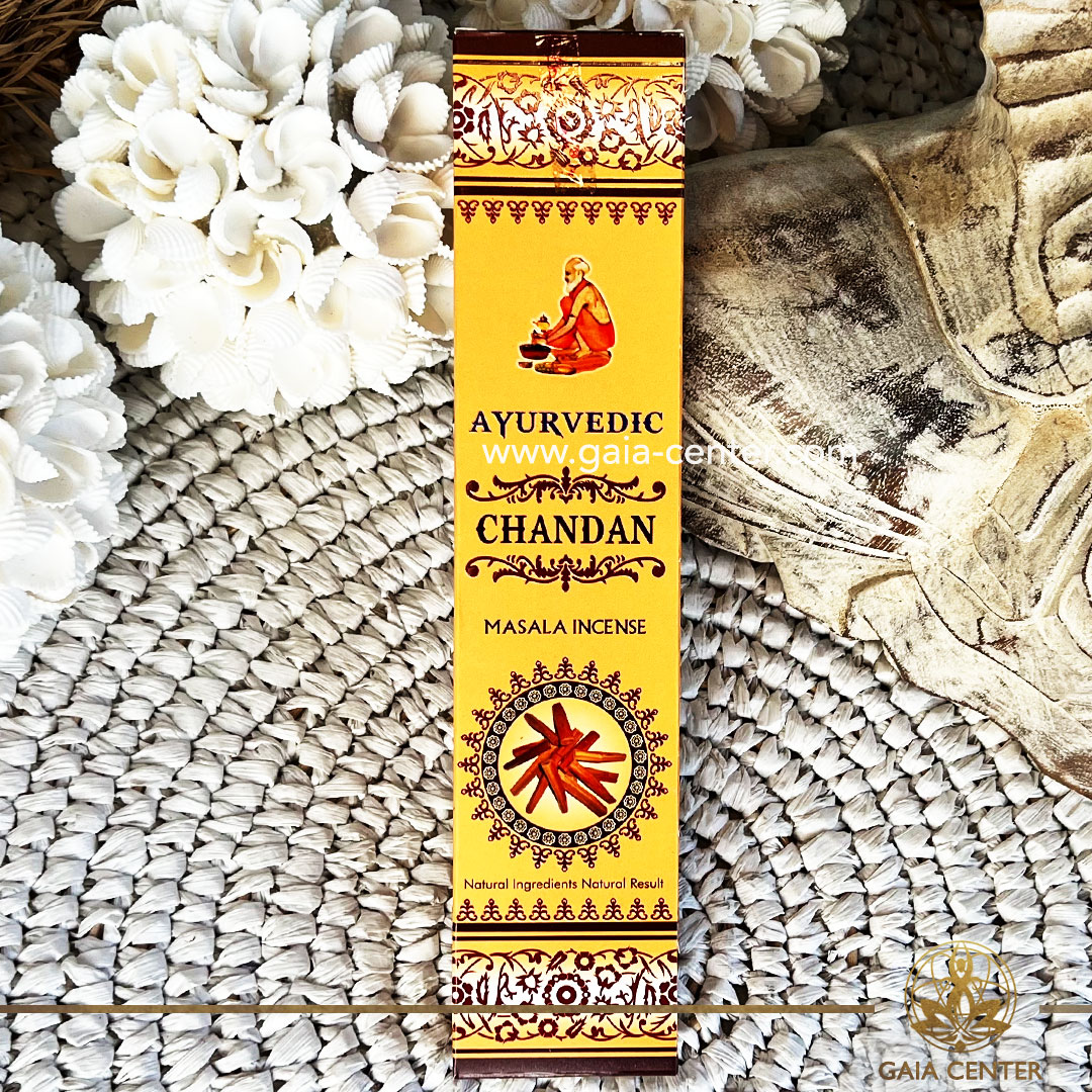 Incense Aroma Sticks Ayurvedic Masala Chandan. Natural Ayurvedic Masala Incense, with a unique blend of herbs, flowers, honey, resins & oils. 15g incense sticks in a pack. Order incense sticks, cones, aroma incense holders and burners online at Gaia Center | Aroma Incense Crystal Shop in Cyprus. Cyprus islandwide delivery: Limassol, Nicosia, Larnaca, Paphos. Europe & Worldwide delivery.