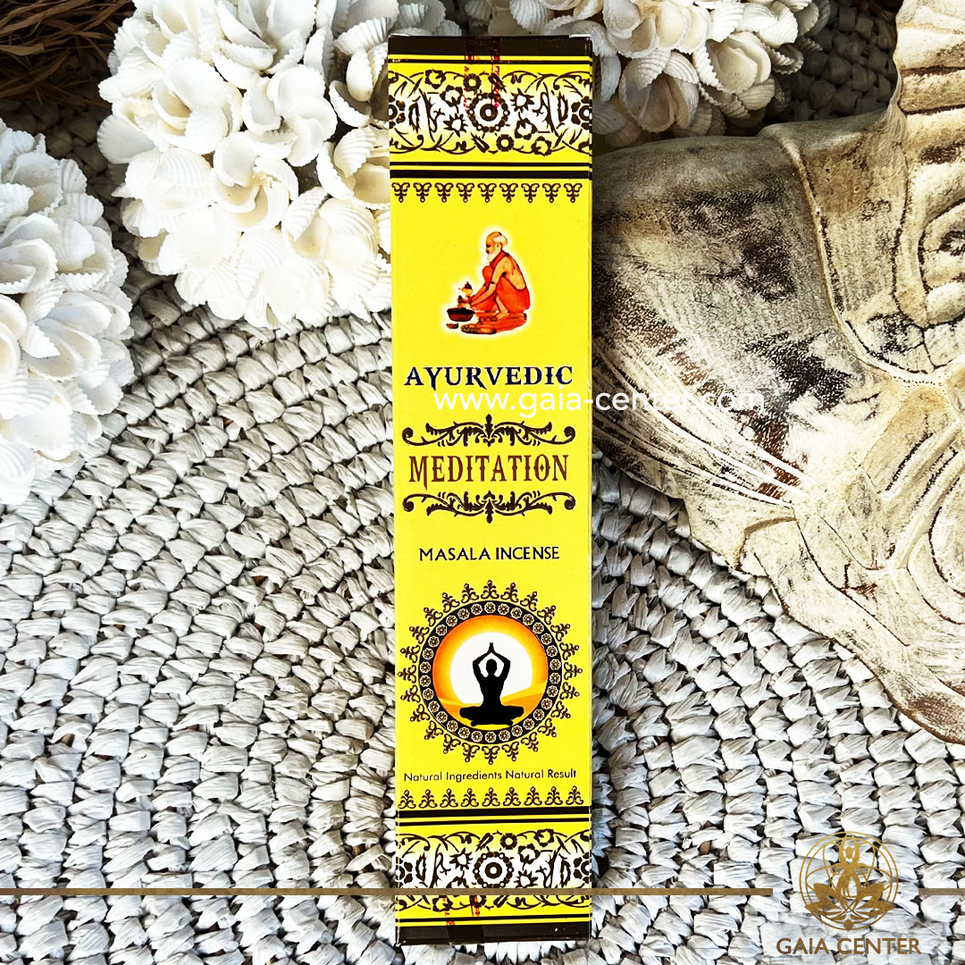 Incense Aroma Sticks Ayurvedic Masala Meditation. Natural Ayurvedic Masala Incense, with a unique blend of herbs, flowers, honey, resins & oils. 15g incense sticks in a pack. Order incense sticks, cones, aroma incense holders and burners online at Gaia Center | Aroma Incense Crystal Shop in Cyprus. Cyprus islandwide delivery: Limassol, Nicosia, Larnaca, Paphos. Europe & Worldwide delivery.