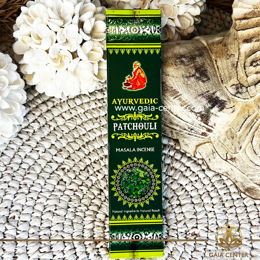 Incense Aroma Sticks Ayurvedic Masala Patchouli. Natural Ayurvedic Masala Incense, with a unique blend of herbs, flowers, honey, resins & oils. 15g incense sticks in a pack. Order incense sticks, cones, aroma incense holders and burners online at Gaia Center | Aroma Incense Crystal Shop in Cyprus. Cyprus islandwide delivery: Limassol, Nicosia, Larnaca, Paphos. Europe & Worldwide delivery.