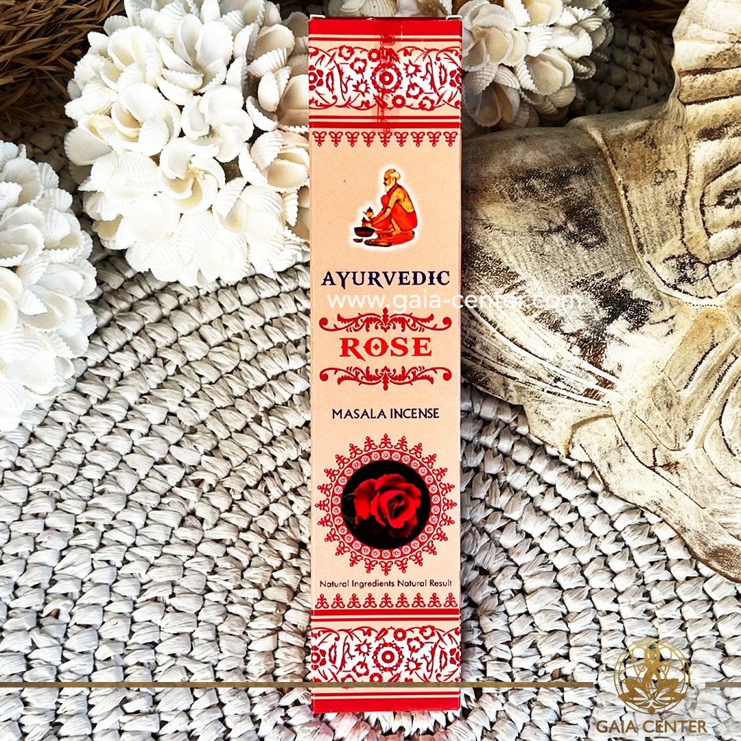 Incense Aroma Sticks Ayurvedic Masala Rose. Natural Ayurvedic Masala Incense, with a unique blend of herbs, flowers, honey, resins & oils. 15g incense sticks in a pack. Order incense sticks, cones, aroma incense holders and burners online at Gaia Center | Aroma Incense Crystal Shop in Cyprus. Cyprus islandwide delivery: Limassol, Nicosia, Larnaca, Paphos. Europe & Worldwide delivery.