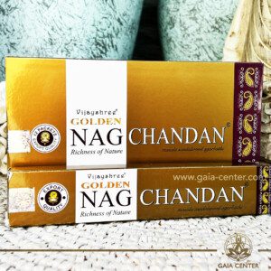 Incense Golden Chandan. 15g incense sticks in a pack. Order incense sticks, cones, aroma incense holders and burners online at Gaia Center | Aroma Incense Crystal Shop in Cyprus. Cyprus islandwide delivery: Limassol, Nicosia, Larnaca, Paphos. Europe & Worldwide delivery.
