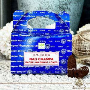 Backflow Dhoop Incense Cones - Nag Champa scent by Native Satya brand at Gaia Center Crystals Incense Shop in Cyprus. Pack contains 8 jumbo backflow cones. Backflow Incense Burners and Dhoop Cones selection. Order online, Cyprus islandwide delivery: Limassol, Larnaca, Nicosia, Paphos. Europe and worldwide shipping.