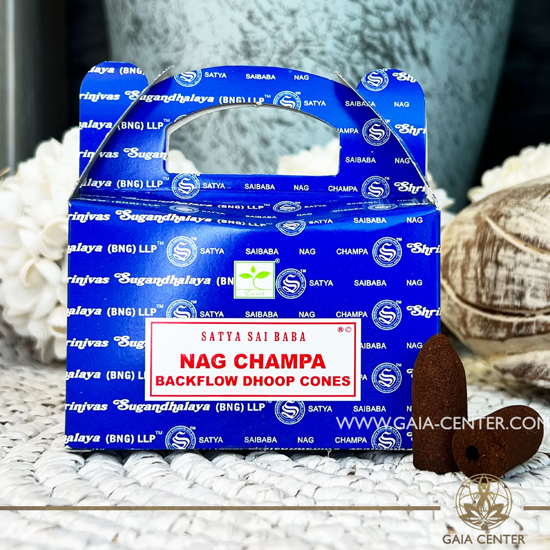 Backflow Dhoop Incense Cones - Nag Champa scent by Native Satya brand at Gaia Center Crystals Incense Shop in Cyprus. Pack contains 8 jumbo backflow cones. Backflow Incense Burners and Dhoop Cones selection. Order online, Cyprus islandwide delivery: Limassol, Larnaca, Nicosia, Paphos. Europe and worldwide shipping.