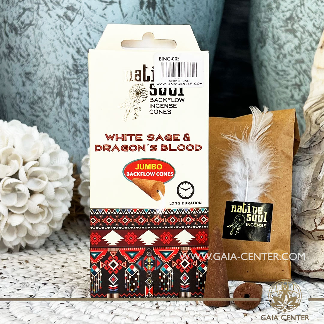 Backflow Dhoop Incense Jumbo Cones - White Sage and Dragons Blood scent by Native Soul Green Tree brand at Gaia Center Crystals Incense Shop in Cyprus. Pack contains 8 jumbo backflow cones. Backflow Incense Burners and Dhoop Cones selection. Order online, Cyprus islandwide delivery: Limassol, Larnaca, Nicosia, Paphos. Europe and worldwide shipping.