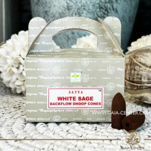 Backflow Dhoop Incense Cones - White Sage scent by Native Satya brand at Gaia Center Crystals Incense Shop in Cyprus. Pack contains 8 jumbo backflow cones. Backflow Incense Burners and Dhoop Cones selection. Order online, Cyprus islandwide delivery: Limassol, Larnaca, Nicosia, Paphos. Europe and worldwide shipping.