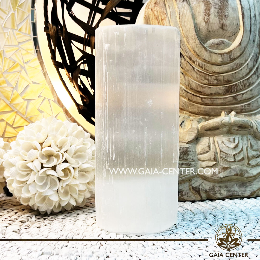 Selenite Divine Cylinder Candle Holder 20cm at Gaia Center Crystal shop in Cyprus. Crystal and Gemstone Jewellery Selection at Gaia Center in Cyprus. Order online, Cyprus islandwide delivery: Limassol, Larnaca, Paphos, Nicosia. Europe and Worldwide shipping.