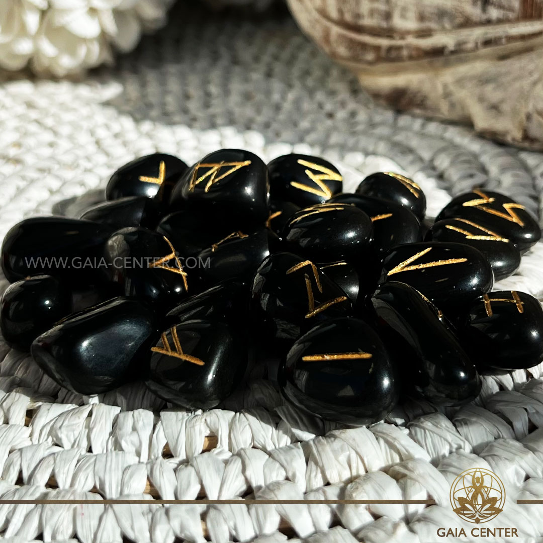 Crystal Rune Stones Black Jasper at Gaia Center Crystal shop in Cyprus. Crystal and Gemstone Jewellery Selection at Gaia Center in Cyprus. Order online, Cyprus islandwide delivery: Limassol, Larnaca, Paphos, Nicosia. Europe and Worldwide shipping.