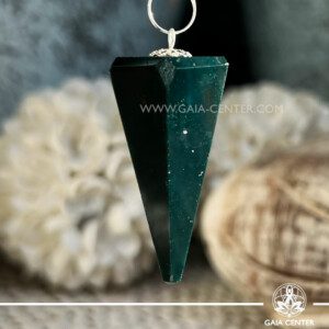 Crystal Pendulum for dowsing Bloodstone faceted cone with metal chain at Gaia Center Crystal shop in Cyprus. Crystal and Gemstone Jewellery Selection at Gaia Center in Cyprus. Order online, Cyprus islandwide delivery: Limassol, Larnaca, Paphos, Nicosia. Europe and Worldwide shipping.