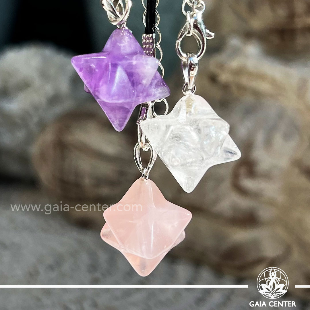 Amethyst, Rose and Crystal Quartz Merkaba Crystal Pendant |Sterling Silver Bail| at Gaia Center Crystal shop in Cyprus. Crystal and Gemstone Jewellery Selection at Gaia Center in Cyprus. Order online, Cyprus islandwide delivery: Limassol, Larnaca, Paphos, Nicosia. Europe and Worldwide shipping.