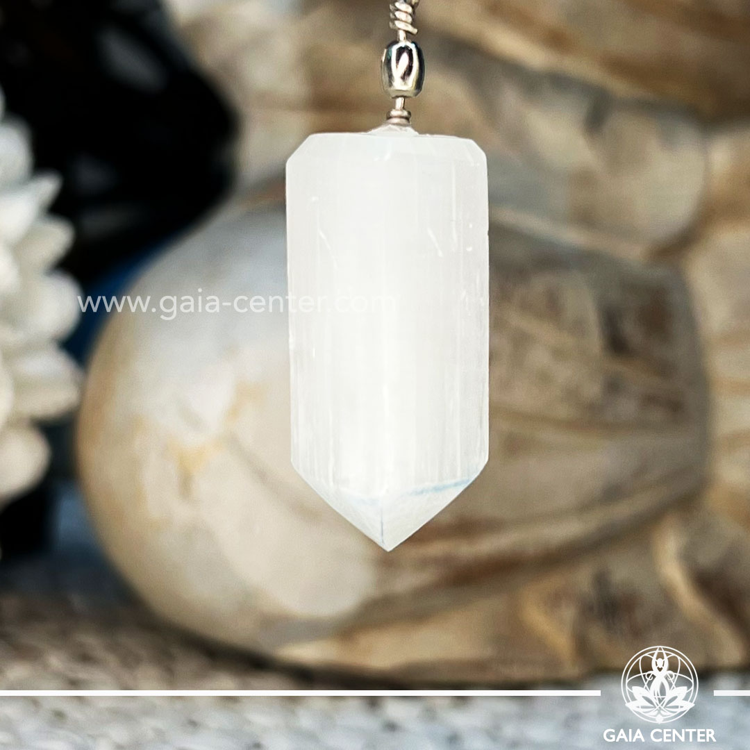 Crystal Pendant White Selenite Point at Gaia Center Crystal shop in Cyprus. Crystal and Gemstone Jewellery Selection at Gaia Center in Cyprus. Order online, Cyprus islandwide delivery: Limassol, Larnaca, Paphos, Nicosia. Europe and Worldwide shipping.