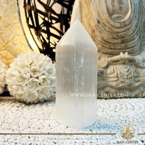 Selenite Pencil Point Tower |15cm| at Gaia Center Crystal shop in Cyprus. Crystal and Gemstone Jewellery Selection at Gaia Center in Cyprus. Order online, Cyprus islandwide delivery: Limassol, Larnaca, Paphos, Nicosia. Europe and Worldwide shipping.
