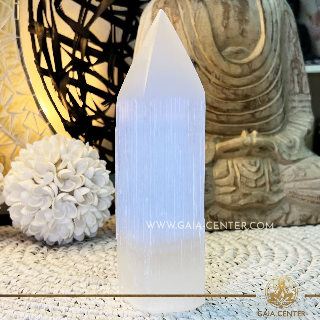 Selenite Pencil Point Tower XL |20cm| at Gaia Center Crystal shop in Cyprus. Crystal and Gemstone Jewellery Selection at Gaia Center in Cyprus. Order online, Cyprus islandwide delivery: Limassol, Larnaca, Paphos, Nicosia. Europe and Worldwide shipping.