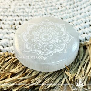 Selenite Charging Plate Lotus Mandala |8cm| at Gaia Center Crystal shop in Cyprus. Crystal and Gemstone Jewellery Selection at Gaia Center in Cyprus. Order online, Cyprus islandwide delivery: Limassol, Larnaca, Paphos, Nicosia. Europe and Worldwide shipping.