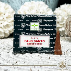 Incense Dhoop Cones - Palo Santo by Satya at Gaia Center Crystals and Incense Shop in Cyprus. Selection of natural Incense sticks and Incense cones. Cyprus delivery: Limassol, Paphos, Nicosia, Larnaca, Paralimni, Strovolos. Including provinces and small suburbs. Europe and International Worldwide shipping. Shop online for incense sticks and incense cones at https://gaia-center.com