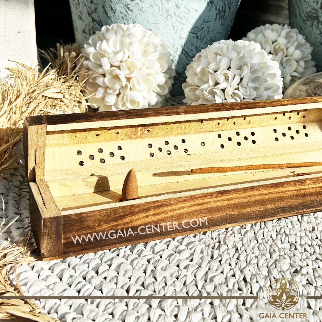 Incense Holder or Ash Catcher - wooden box Simple design. Holds two aroma incense sticks and two incense pyramids or cones. Made from wood with artistic design. Incense burners selection at Gaia Center Crystal Incense Shop in Cyprus. Order online, Cyprus islandwide delivery: Limassol, Larnaca, Nicosia, Paphos. Europe and worldwide shipping.