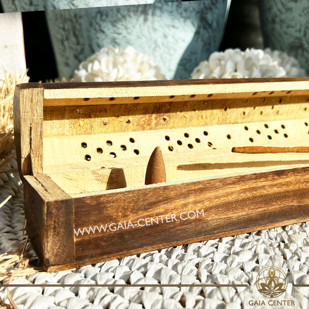 Incense Holder or Ash Catcher - wooden box Simple design. Holds two aroma incense sticks and two incense pyramids or cones. Made from wood with artistic design. Incense burners selection at Gaia Center Crystal Incense Shop in Cyprus. Order online, Cyprus islandwide delivery: Limassol, Larnaca, Nicosia, Paphos. Europe and worldwide shipping.