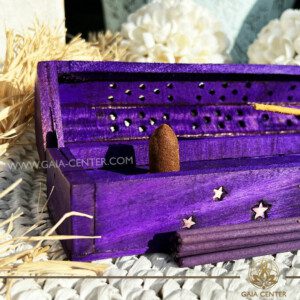 Incense Holder or Ash Catcher - wooden box Purple color with metal stars inlaid design. Holds two aroma incense sticks and two incense pyramids or cones. Made from wood with artistic design. Incense burners selection at Gaia Center Crystal Incense Shop in Cyprus. Order online, Cyprus islandwide delivery: Limassol, Larnaca, Nicosia, Paphos. Europe and worldwide shipping.
