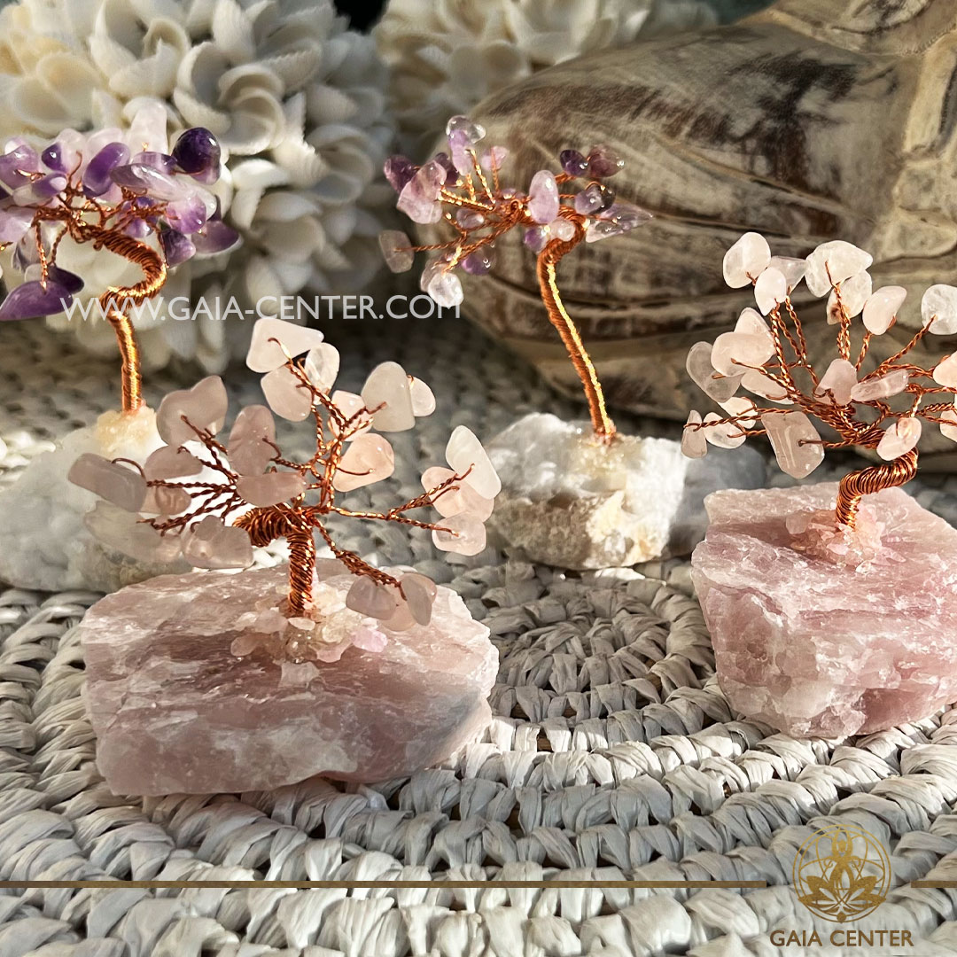 Gemstone Tree with Crystal Base - Rose Quartz and Amethyst |mini size| at Gaia Center crystal shop in Cyprus. Crystal tumbled stones and rough minerals, drusy at Gaia Center crystal shop in Cyprus. Order crystals online top quality crystals, Cyprus islandwide delivery: Limassol, Larnaca, Paphos, Nicosia. Europe and Worldwide shipping.