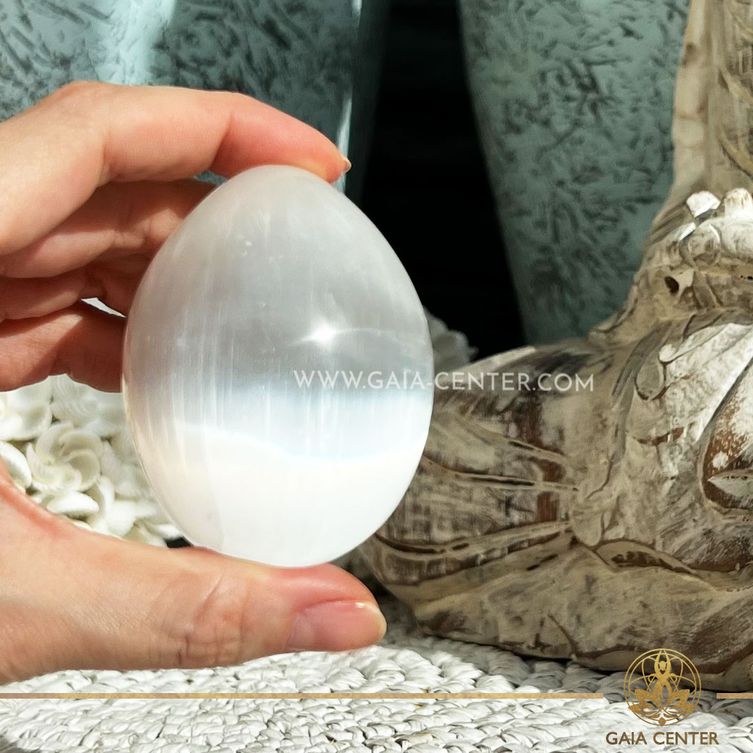 White Selenite crystal polished egg shape from Morocco at Gaia Center crystal shop in Cyprus. Crystal tumbled stones and rough minerals, drusy at Gaia Center crystal shop in Cyprus. Order crystals online top quality crystals, Cyprus islandwide delivery: Limassol, Larnaca, Paphos, Nicosia. Europe and Worldwide shipping.
