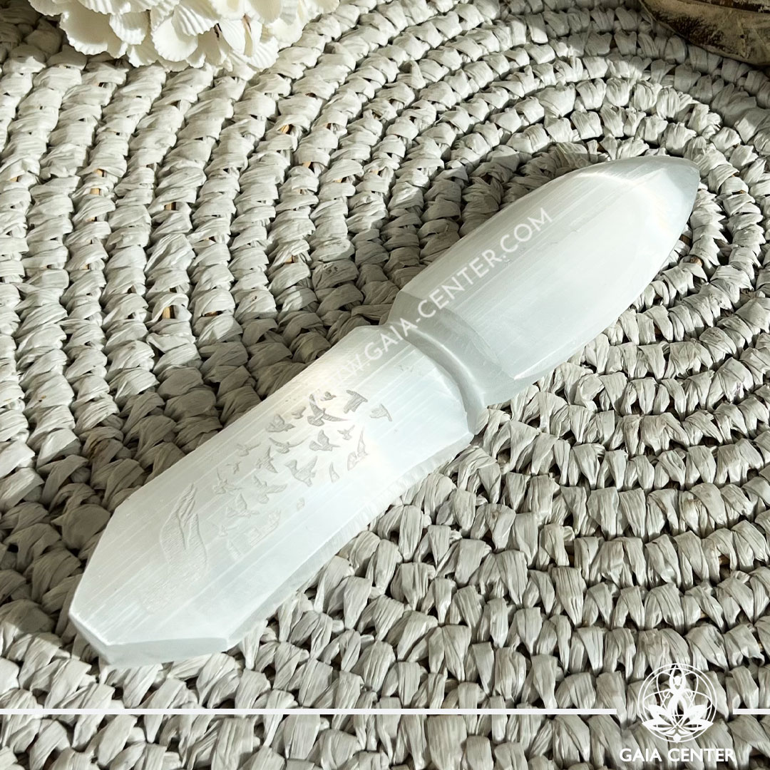 Ceremonial Selenite Knife Releasing Bonds |20cm| from Morocco at Gaia Center crystal shop in Cyprus. Crystal tumbled stones and rough minerals, drusy at Gaia Center crystal shop in Cyprus. Order crystals online top quality crystals, Cyprus islandwide delivery: Limassol, Larnaca, Paphos, Nicosia. Europe and Worldwide shipping.