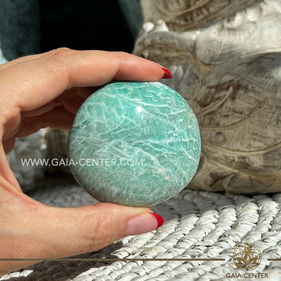 Amazonite Palm Stone Large |60x55mm /114g| Madagascar at GAIA CENTER Crystal Shop in CYPRUS. Crystal jewellery and crystal pendants at Gaia Center crystal shop in Cyprus. Order online top quality crystals, Cyprus islandwide delivery: Limassol, Larnaca, Paphos, Nicosia. Europe and Worldwide shipping.