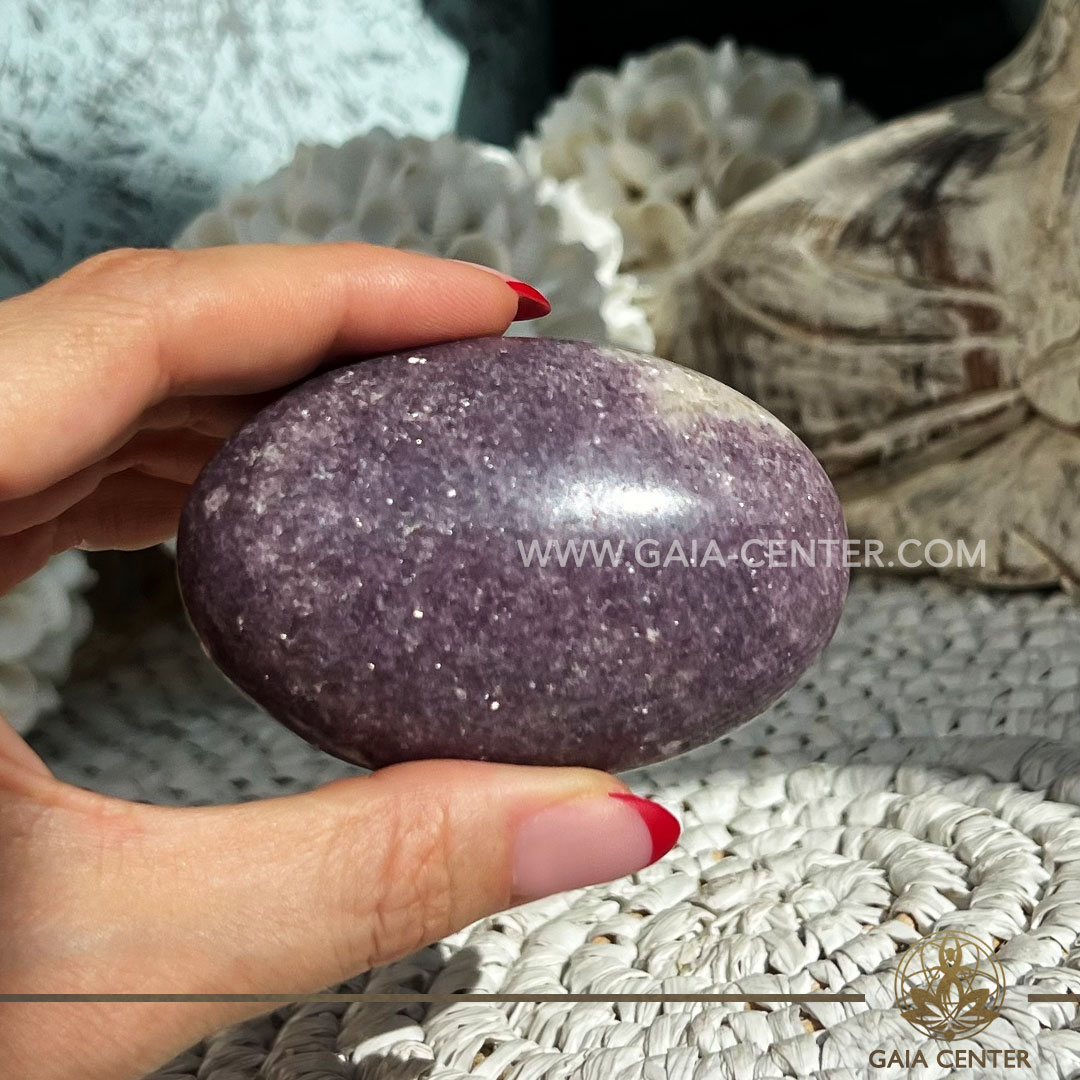 Lepidolite Crystal Puff Palm Stone large size from Madagascar at GAIA CENTER Crystal Shop CYPRUS. Crystal jewellery and crystal pendants at Gaia Center crystal shop in Cyprus. Order online top quality crystals, Cyprus islandwide delivery: Limassol, Larnaca, Paphos, Nicosia. Europe and Worldwide shipping.