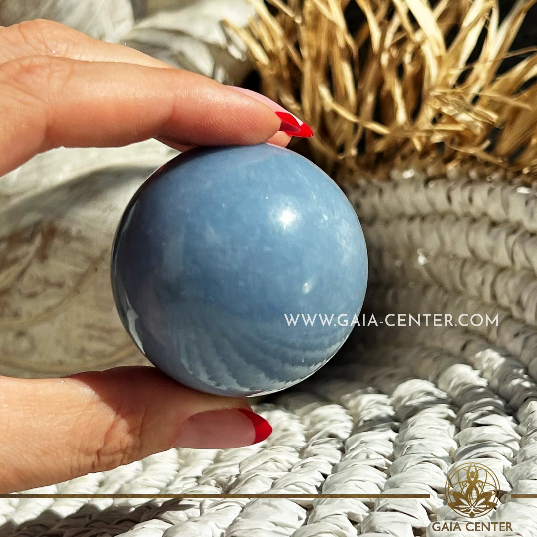 Blue Angelite Crystal Sphere ball from Peru at GAIA CENTER Crystal Shop CYPRUS. Crystal jewellery and crystal pendants at Gaia Center crystal shop in Cyprus. Order online top quality crystals, Cyprus islandwide delivery: Limassol, Larnaca, Paphos, Nicosia. Europe and Worldwide shipping.