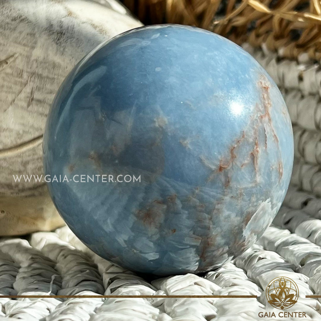 Blue Angelite Crystal Sphere ball from Peru at GAIA CENTER Crystal Shop CYPRUS. Crystal jewellery and crystal pendants at Gaia Center crystal shop in Cyprus. Order online top quality crystals, Cyprus islandwide delivery: Limassol, Larnaca, Paphos, Nicosia. Europe and Worldwide shipping.