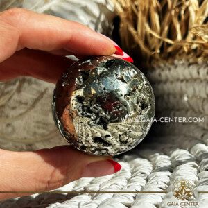 Pyrite Crystal Sphere ball from Peru at GAIA CENTER Crystal Shop CYPRUS. Crystal jewellery and crystal pendants at Gaia Center crystal shop in Cyprus. Order online top quality crystals, Cyprus islandwide delivery: Limassol, Larnaca, Paphos, Nicosia. Europe and Worldwide shipping.