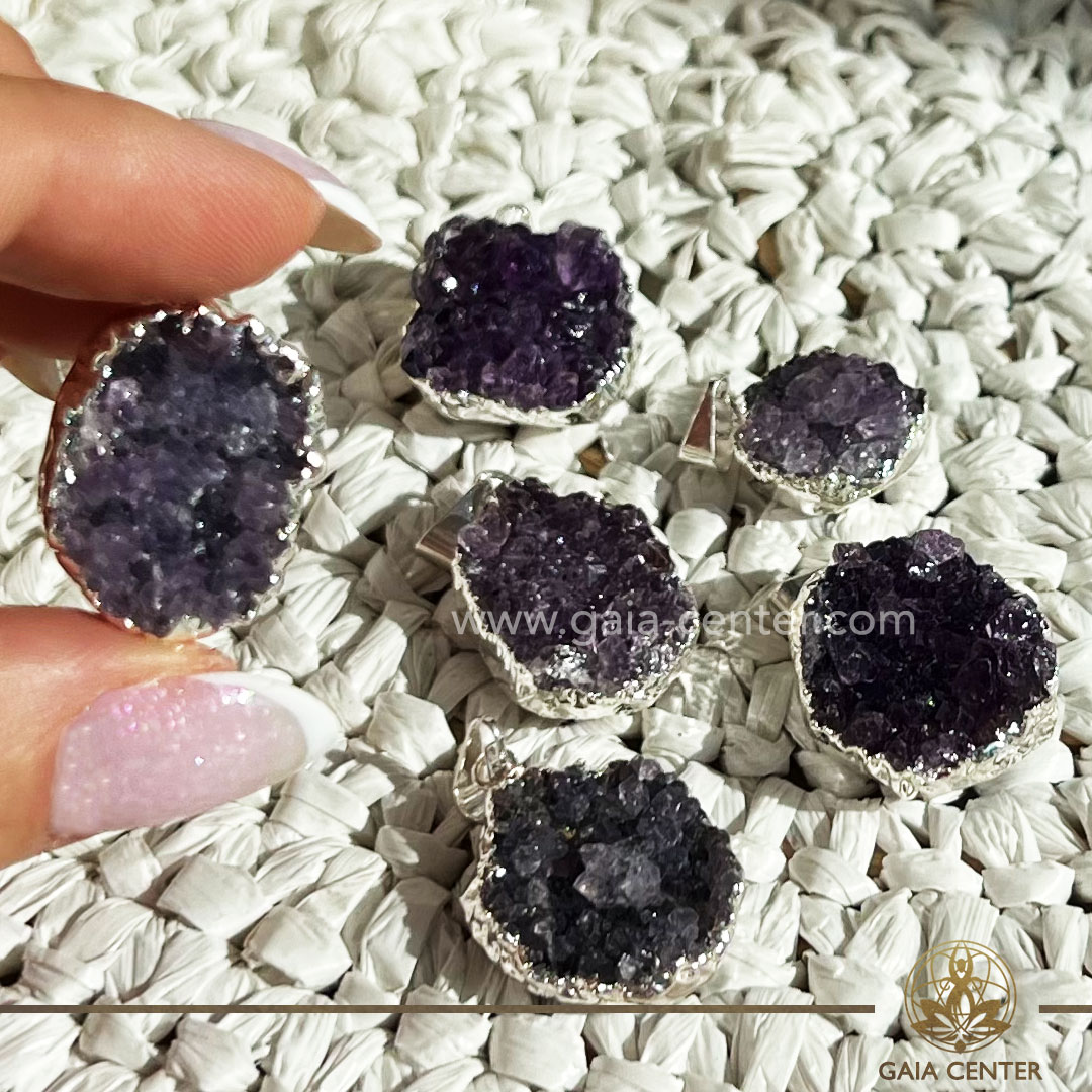 Amethyst Cluster Pendant |Silver Plated| Brazil at Gaia Center Crystal shop in Cyprus. Crystal and Gemstone Jewellery Selection at Gaia Center in Cyprus. Order online, Cyprus islandwide delivery: Limassol, Larnaca, Paphos, Nicosia. Europe and Worldwide shipping.