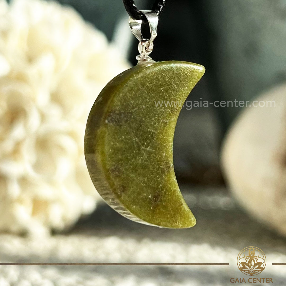 Crystal Moon Pendant Olive Jade |Silver Plated Bail| at Gaia Center Crystal shop in Cyprus. Crystal and Gemstone Jewellery Selection at Gaia Center in Cyprus. Order online, Cyprus islandwide delivery: Limassol, Larnaca, Paphos, Nicosia. Europe and Worldwide shipping.