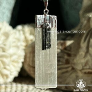 Selenite & Black Tourmaline Crystal Pendant |Silver Plated| from Brazil at Gaia Center Crystal shop in Cyprus. Crystal and Gemstone Jewellery Selection at Gaia Center in Cyprus. Order online, Cyprus islandwide delivery: Limassol, Larnaca, Paphos, Nicosia. Europe and Worldwide shipping.
