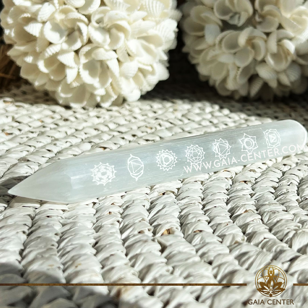 Selenite Chakras Crystal Healing Wand |75-95g| Morocco at Gaia Center Crystal shop in Cyprus. Crystal and Gemstone Jewellery Selection at Gaia Center Crystal shop in Cyprus. Order online, Cyprus islandwide delivery: Limassol, Larnaca, Paphos, Nicosia. Europe and Worldwide shipping.