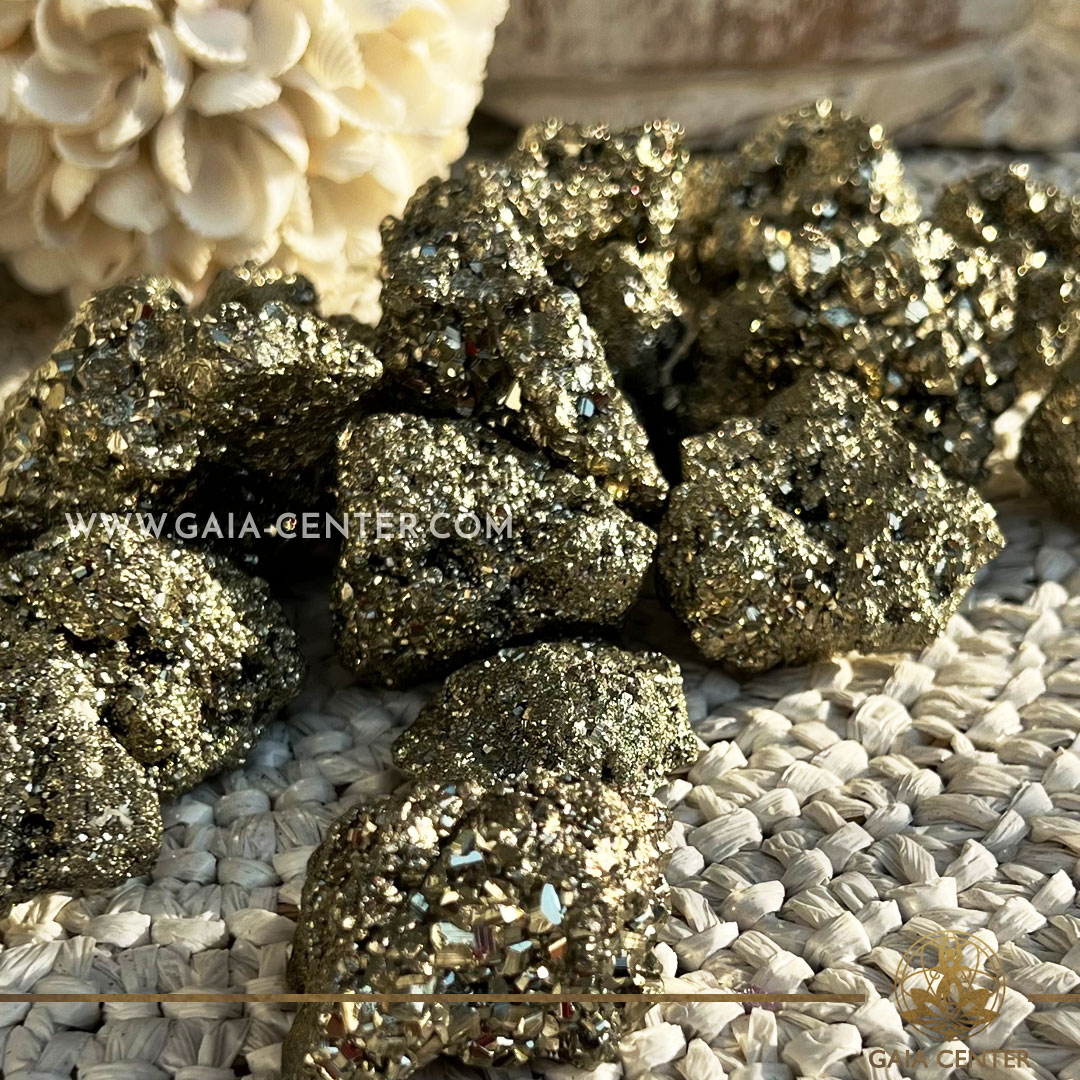 Pyrite Rough Clusters from Peru at GAIA CENTER Crystal shop in Cyprus. Crystal tumbled stones and rough minerals, drusy at Gaia Center crystal shop in Cyprus. Order crystals online top quality crystals, Cyprus islandwide delivery: Limassol, Larnaca, Paphos, Nicosia. Europe and Worldwide shipping.