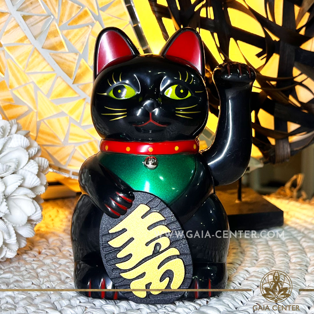 Lucky Money Black Shiny Cat - 6 inch with moving beckoning paw. Japanese Lucky Cat Maneki-Neko at Gaia Center Crystal Shop in Cyprus. Shop online, islandwide delivery: Limassol, Nicosia, Larnaca, Paphos.