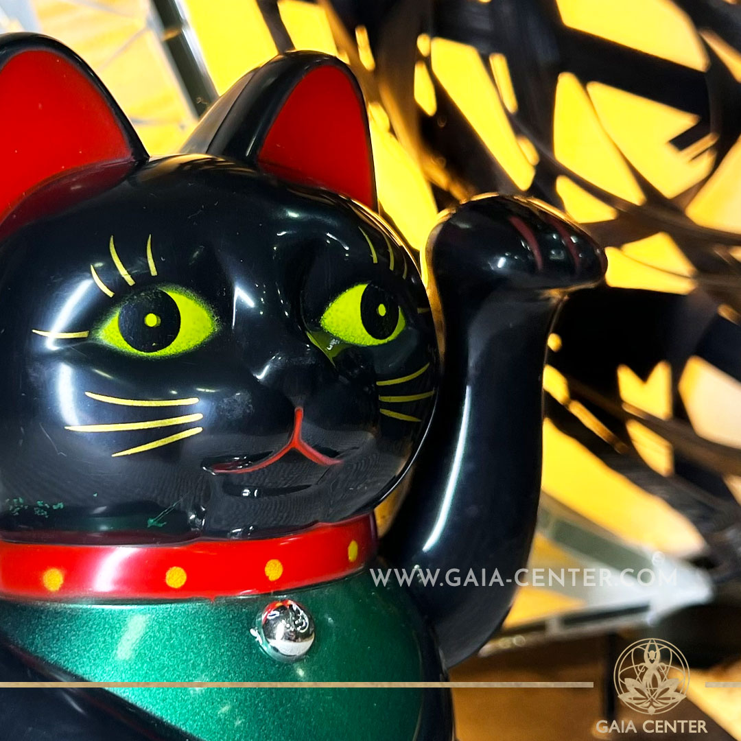 Lucky Money Black Shiny Cat - 6 inch with moving beckoning paw. Japanese Lucky Cat Maneki-Neko at Gaia Center Crystal Shop in Cyprus. Shop online, islandwide delivery: Limassol, Nicosia, Larnaca, Paphos.