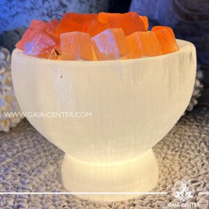 Selenite Crystal Lamp - Fire Bowl |14x13cm with USB Fitting| at Gaia Center | Crystal Shop in Cyprus. Salt and Selenite crystal lamps selection. Order online: Cyprus islandwide delivery: Limassol, Nicosia, Paphos, Larnaca. Europe and worldwide shipping.