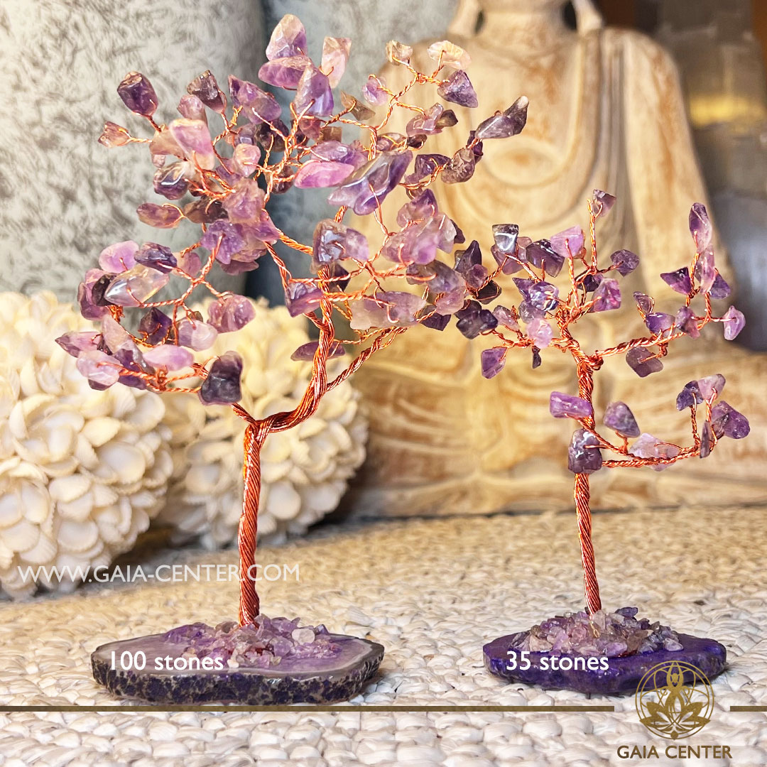 Amethyst Crystal Tree with Purple Agate Base |35 and 100 stones| at Gaia Center Crystal shop in Cyprus. Amethyst is associated with calming and balancing energies. The presence of this crystal in tree form, rooted in a Purple Agate base, may create a tranquil environment, aiding in stress relief and emotional equilibrium. Order crystals online, Cyprus islandwide delivery: Limassol, Larnaca, Paphos, Nicosia. Europe and Worldwide shipping.