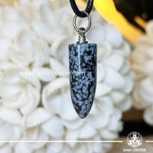 Snowflake Obsidian Polished Point Pendant at Gaia Center Crystal shop in Cyprus. Purifies negative energy. Powerful grounding stone. Can block and protect you from negative energies that want to enter your life Order crystals online, Cyprus islandwide delivery: Limassol, Larnaca, Paphos, Nicosia. Europe and Worldwide shipping.