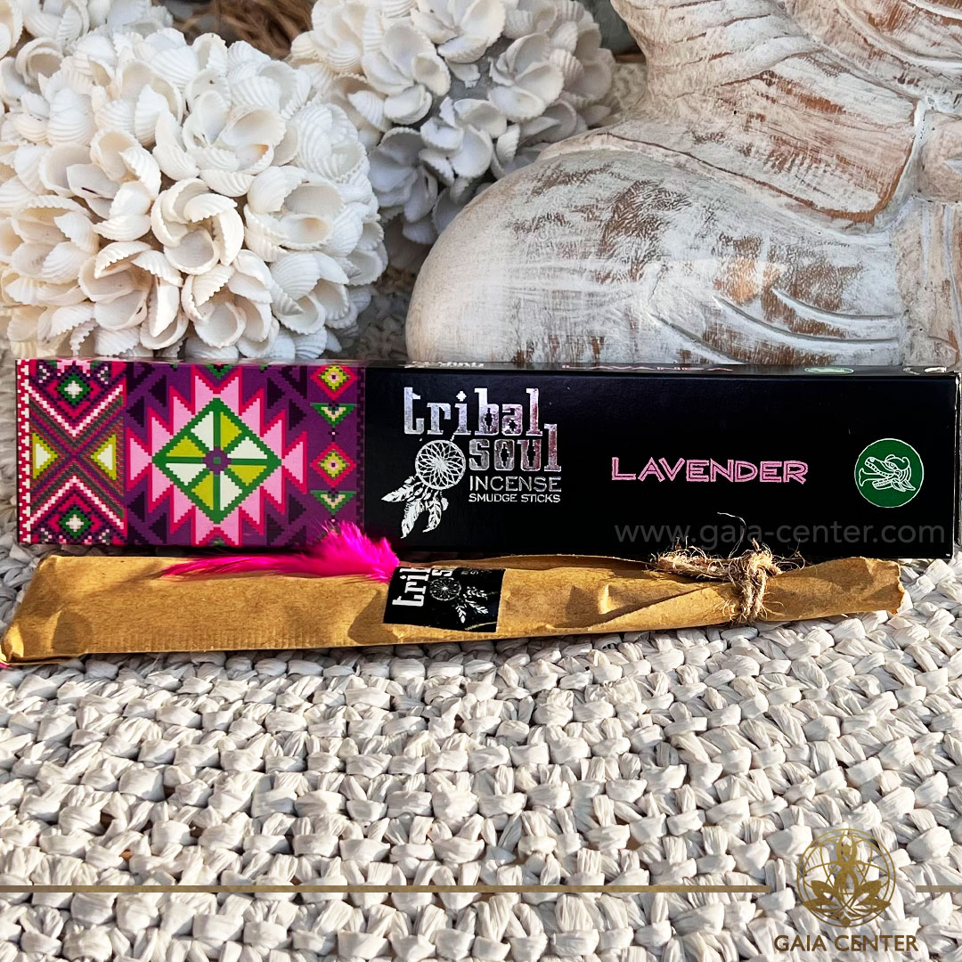Tribal Soul Incense Sticks - Lavender. 15g incense sticks in a pack. The tranquil essence of Lavender with Tribal Soul brand's exquisite incense sticks. Each stick is delicately infused with the soothing fragrance of Lavender, known for its calming and therapeutic properties. Let the gentle aroma envelop your senses, transporting you to fields of blooming lavender flowers and promoting a sense of peace and relaxation. Whether you're unwinding after a long day or setting the mood for meditation, these Lavender incense sticks are the perfect companion for creating a serene atmosphere and enhancing your overall well-being. Order aroma and natural incense products online at Gaia Center | Aroma Incense and Crystal Shop in Cyprus. Cyprus islandwide delivery: Limassol, Nicosia, Larnaca, Paphos. Europe & Worldwide delivery.