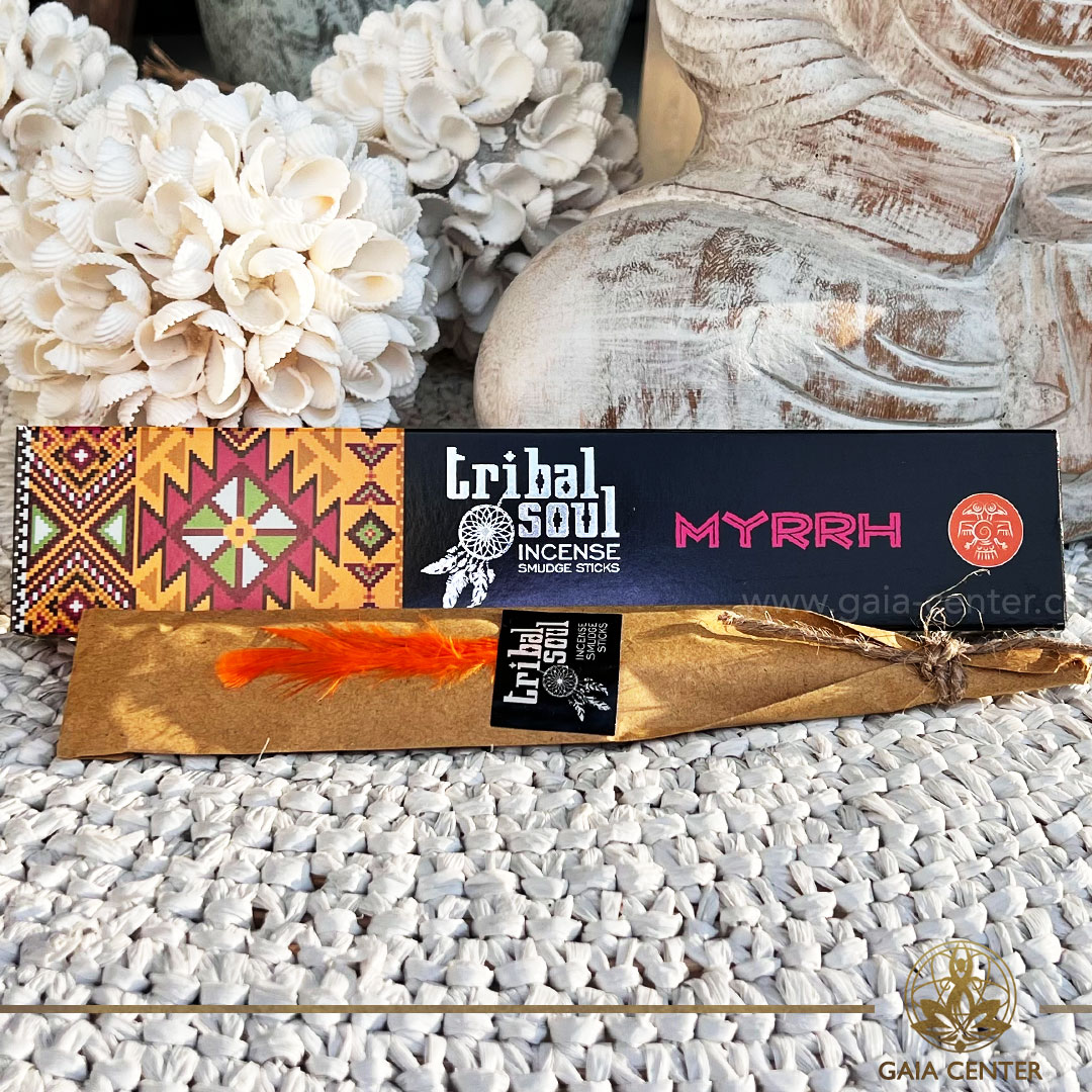 Tribal Soul Incense Sticks - Myrrh. 15g incense sticks in a pack. Each stick is infused with the deep, earthy scent of myrrh, transporting you to ancient lands and sacred spaces. Let the warm and resinous fragrance of myrrh envelop your senses, creating a serene and mystical ambiance in your home or sacred space. Whether used for meditation, relaxation, or simply to enhance your surroundings, these incense sticks evoke a sense of reverence and connection to the divine. Order aroma and natural incense products online at Gaia Center | Aroma Incense and Crystal Shop in Cyprus. Cyprus islandwide delivery: Limassol, Nicosia, Larnaca, Paphos. Europe & Worldwide delivery.