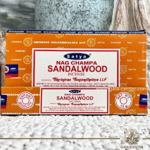 Sandalwood Satya brand Natural Aroma Incense Sticks. 15g incense sticks in a pack. Sandalwood Nag Champa incense sticks by Satya brand, where the rich, woody scent of sandalwood intertwines with the exotic floral notes of Nag Champa. Each fragrant stick offers a sensory journey that calms the mind and soothes the soul, evoking a sense of tranquility and inner peace. Let the warm embrace of sandalwood and the delicate allure of Nag Champa transport you to a state of serenity, where worries melt away and positivity abounds. Illuminate your space with these enchanting incense sticks and elevate your ambiance with their captivating aroma. Order online at Gaia Center | Aroma Incense and Crystal Shop in Cyprus. Cyprus islandwide delivery: Limassol, Nicosia, Larnaca, Paphos. Europe & Worldwide delivery.