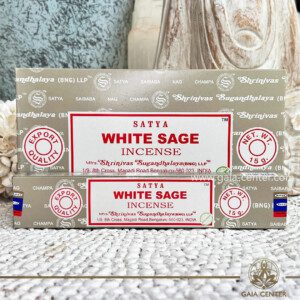 White Sage Natural Aroma Incense Sticks by Satya brand. 15g incense sticks in a pack. The purifying essence of "White Sage" incense sticks by Satya brand. Infused with the sacred aroma of white sage, these incense sticks evoke the tranquil ambiance of a cleansing sage smudge. As the fragrant smoke wafts through your space, it purifies the air, dispelling negativity and inviting clarity and renewal. Let the serene aroma of White Sage incense envelop you, creating a sanctuary of tranquility and spiritual upliftment in your home or sacred space. Order aroma and natural incense products online at Gaia Center | Aroma Incense and Crystal Shop in Cyprus. Cyprus islandwide delivery: Limassol, Nicosia, Larnaca, Paphos. Europe & Worldwide delivery.