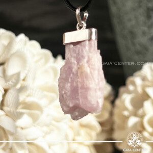 Pink Kunzite Polished Pendant with Sterling silver setting at GAIA CENTER Crystal Shop in Cyprus. Kunzite is renowned for its soothing energy, making this pendant an ideal companion for emotional healing. It may help alleviate stress, anxiety, and emotional wounds, fostering a sense of tranquility. Crystal and Gemstone Jewellery Selection at Gaia Center Crystal shop in Cyprus. Order online, Cyprus islandwide delivery: Limassol, Larnaca, Paphos, Nicosia. Europe and Worldwide shipping.