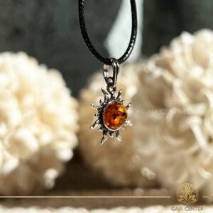 Baltic Cognac Amber Sun Pendant with S925 Sterling Silver at Gaia Center Crystal shop in Cyprus. Amber is believed to carry soothing energies that promote emotional balance and energetic harmony. Crystal and Gemstone Jewellery Selection at Gaia Center in Cyprus. Order online, Cyprus islandwide delivery: Limassol, Larnaca, Paphos, Nicosia. Europe and Worldwide shipping.
