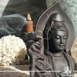 Backflow Incense Burner - Quan Yin | Ceramic at Gaia Center | Crystal Shop in Cyprus. Backflow Incense Burner featuring a stunning smoke waterfall design. This handcrafted ceramic burner uses specially designed backflow incense cones to create a mesmerizing cascade of smoke that flows like water, adding a unique aesthetic and calming ambiance to any space. Ideal for meditation, relaxation, and home decor, this incense burner not only purifies the air but also serves as a beautiful centerpiece. Perfect for aromatherapy enthusiasts and those seeking a serene atmosphere. Backflow incense burners an Backflow dhoop cones selection at Gaia Center | Incense Aroma & Crystal shop in Cyprus. Order online, Cyprus islandwide delivery: Limassol, Larnaca, Nicosia, Paphos. Europe and worldwide shipping.