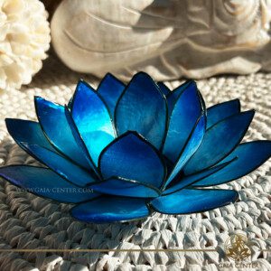 Lotus Flower Candle Holder - Blue Gold Trim |Capiz Shell| at GAIA CENTER crystal store in Cyprus. Enhance your home décor with our exquisite Lotus Flower Candle Holder made from genuine Capiz Shell. This stunning piece combines natural elegance with artisanal craftsmanship, featuring a delicate lotus design that glows beautifully when lit. Perfect for creating a serene ambiance, this candle holder is ideal for meditation spaces, living rooms, or as a unique gift. Discover the timeless beauty of Capiz shell and add a touch of serenity and sophistication to any setting