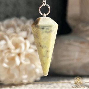 Serpentine crystal dowsing pendulum with a polished teardrop shape, perfect for divination and energy work. Available at GAIA CENTER Crystal shop in Cyprus. Order crystals online, Cyprus islandwide delivery: Limassol, Larnaca, Paphos, Nicosia. Europe and Worldwide shipping.