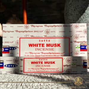 Aroma Incense Sticks White Musk fragrance by Satya brand. 15grams incense pack. Selection of natural incense sticks at GAIA CENTER | Crystals and Incense aroma shop in Cyprus. Order incense sticks and aroma burners online, Cyprus islandwide delivery: Nicosia, Paphos, Limassol, Larnaca