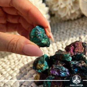 Chalcopyrite (Peacock Ore) from Mexico at GAIA CENTER Crystal Shop in Cyprus. Known as the "Stone of Abundance," it helps attract wealth, prosperity, and success. Order online top quality crystals, Cyprus islandwide delivery: Limassol, Larnaca, Paphos, Nicosia. Europe and Worldwide shipping.